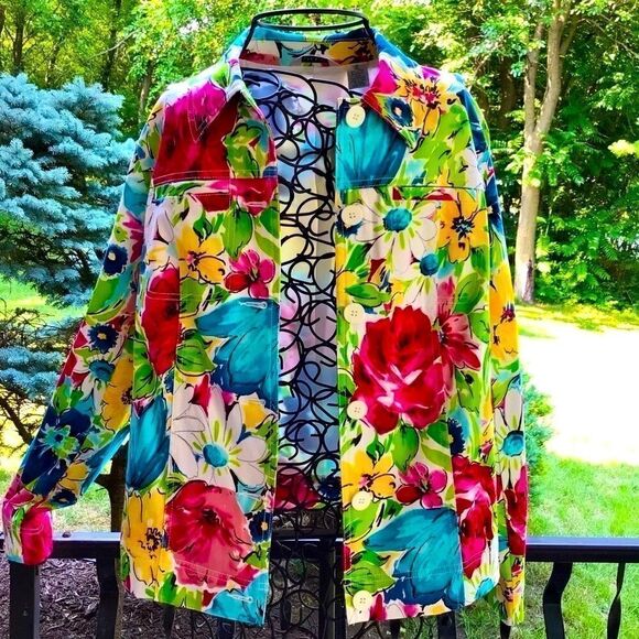 LAURA ASHLEY ABSTRACT ART BRIGHT FLORAL JACKET S NWT - Picture 3 of 11